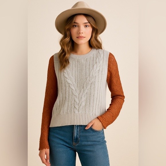 Rachel Zoe Cable Knit Sleeveless Sweater Vest Light Gray - Picture 1 of 10